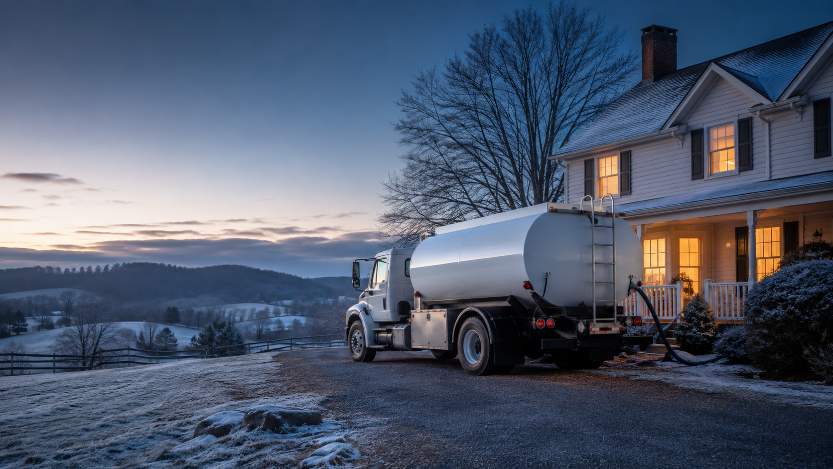 Heating oil delivery truck beside a warm Virginia home in winter
